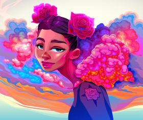 Girl with clouds and roses in the hair vector