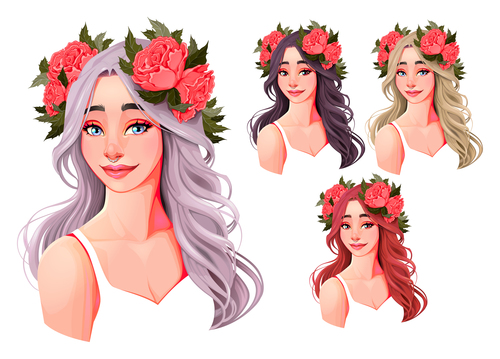 Girls with flowers on their heads vector