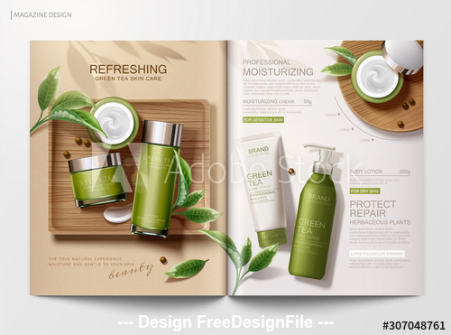 Green tea skin care magazine vector template