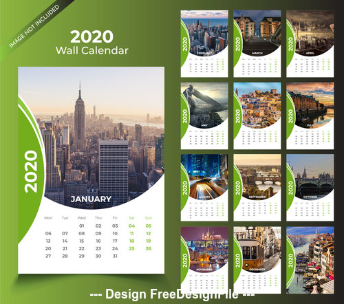 Green wall calendar 2020 template vector