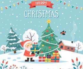 Happy santa claus and christmas tree cartoon vector illustration