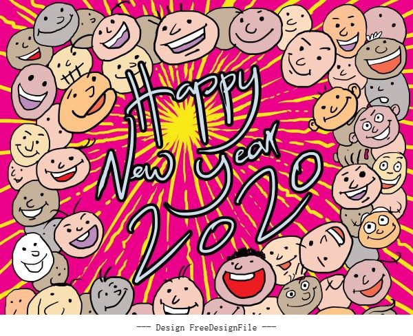 Happy new year freehand cartoon 2020 vector set