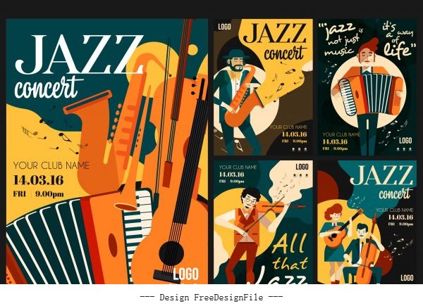 Jazz festive posters colorful classical instrument performers design vectors