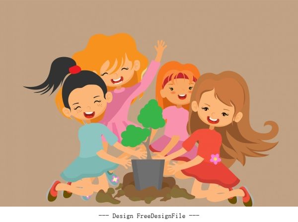 Kids activity background joyful girls cartoon vectors