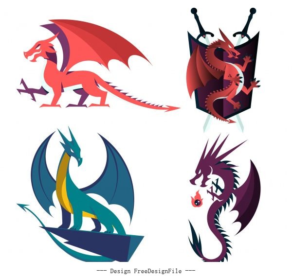 Legendary dragon icons western colored vectors