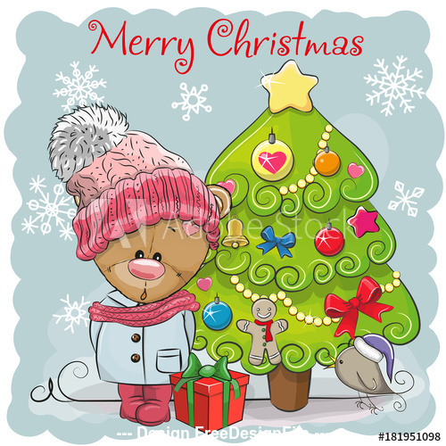Little bear and christmas tree cartoon vector