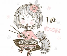 Little girl eating noodles cartoon background illustration vector