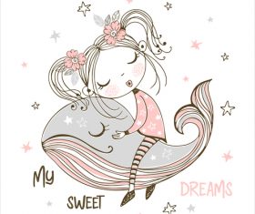 Little girl riding a whale cartoon vector