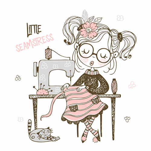 Little seamstress cartoon background illustration vector