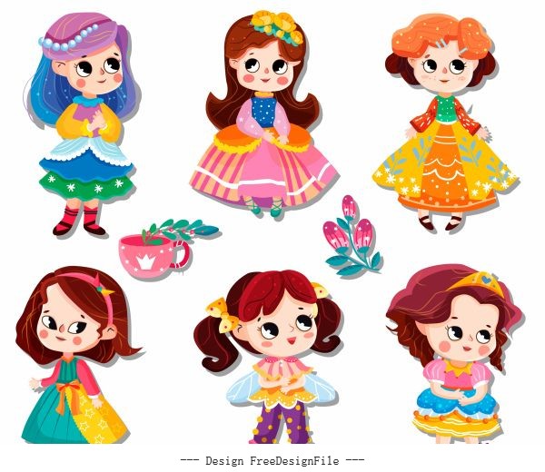 Little princess icons cute cartoon characters vector design free download