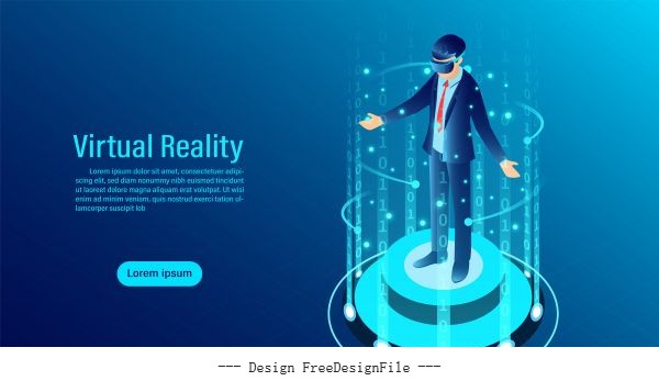 Man wearing goggle vr with touching interface into virtual reality world future technology flat isometric illustration vector
