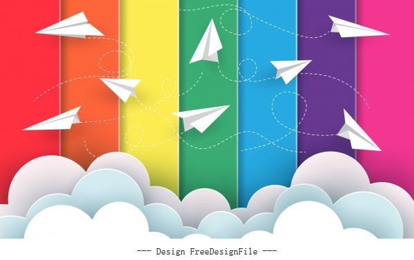 Many paper planes fly on background rainbow colorful cartoon vector