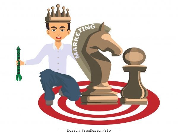 Marketing strategy background king chess pieces icons vector