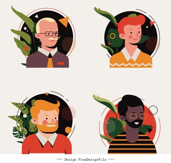 Men avatars icons colored cartoon characters vector design