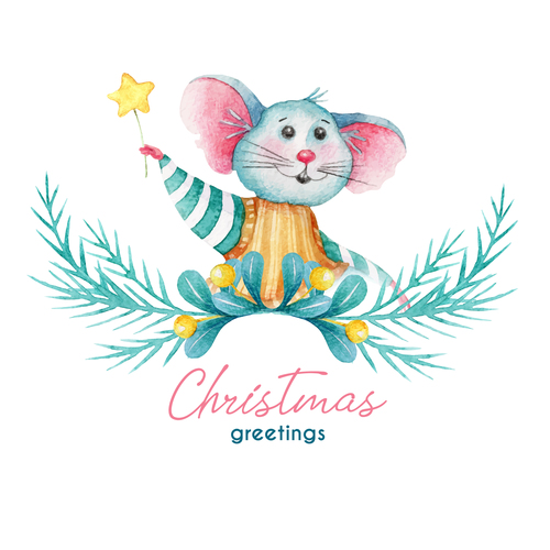 New year greetings greeting card watercolor illustrations vector
