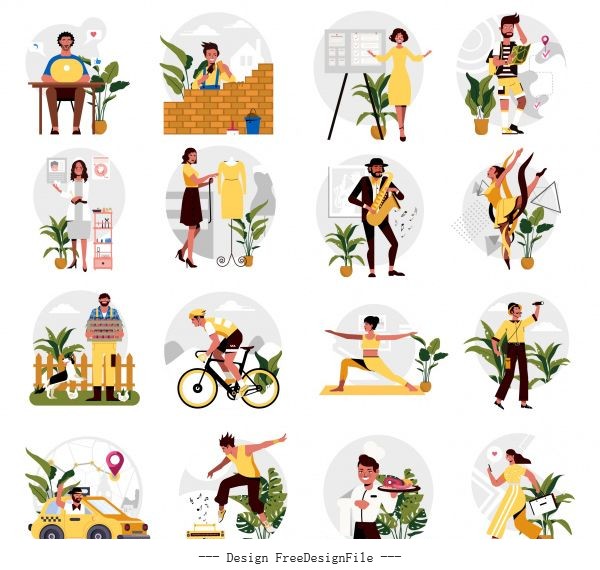 Occupation icons human activities cartoon characters vector