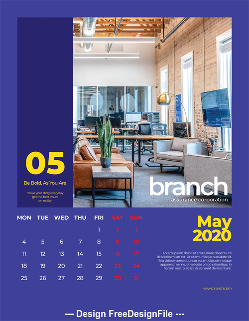 Office interior cover calendar 2020 vector