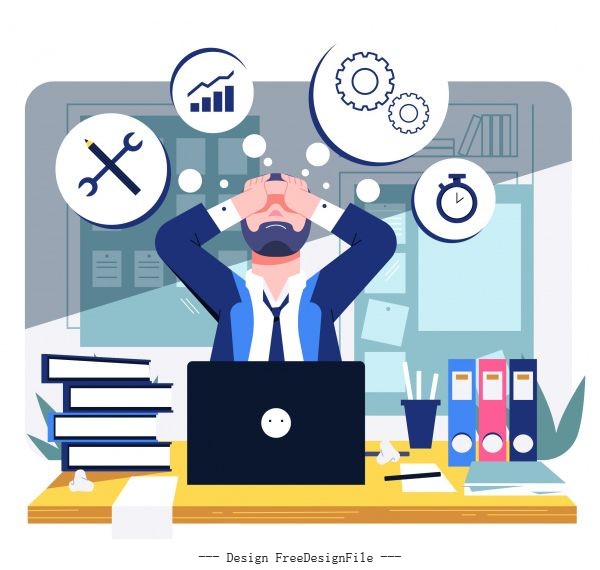 Office workload background stressful man work icons vector