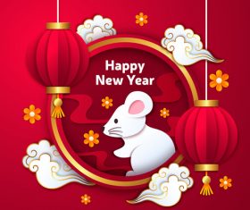 Origami red lantern and silhouette new year 2020 greeting card vector