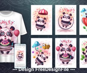 Panda 3d t-shirts with mult funny characters vector