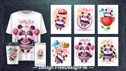 Panda 3d t-shirts with mult funny characters vector