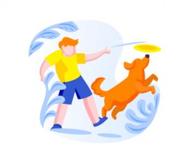 People and dog playing cartoon vector