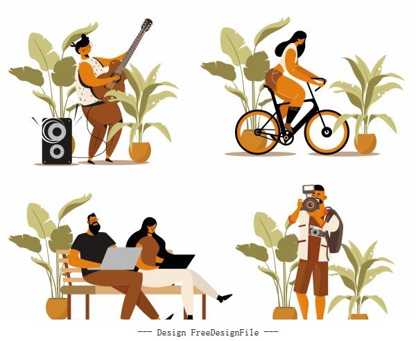 People activities icons guitarist cyclist staff photographer vector