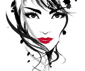 Red lips girl ink painting vector