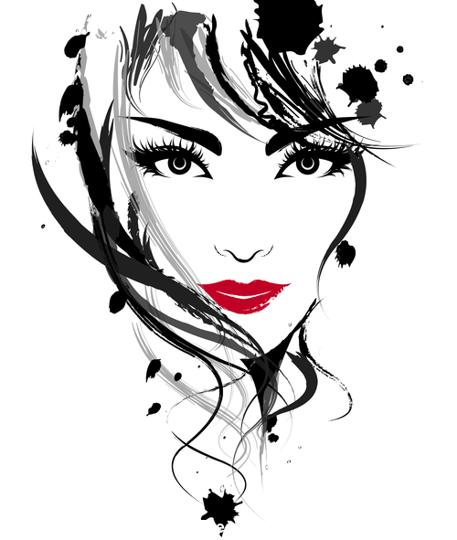 Red lips girl ink painting vector