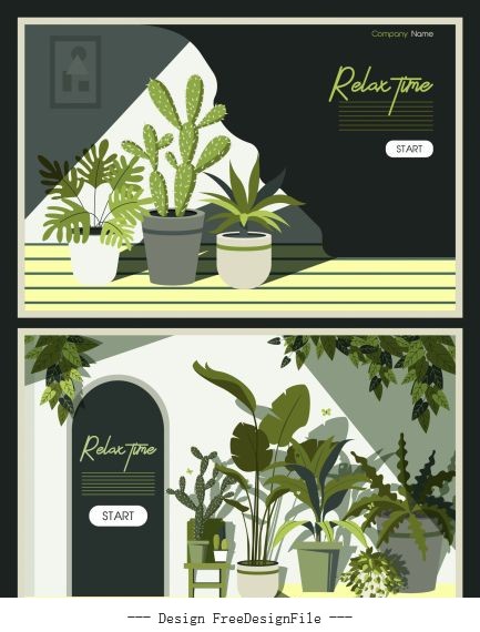 Relax time banners houseplants pots decor classical vector
