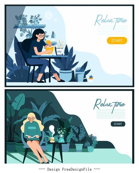 Relax time banners resting lady cartoon vector