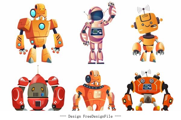 Robots icons colored modern humanoid design vector