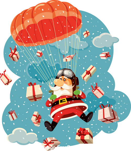 Santa Claus Flying with Parachute Surrounded by Gifts Vector Illustration