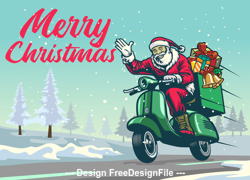 Santa Claus on motorcycle Christmas vintage illustration vector
