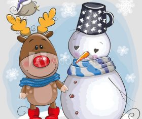 Snowman and elk cartoon vector
