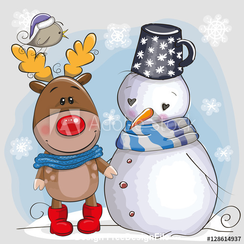 Snowman and elk cartoon vector