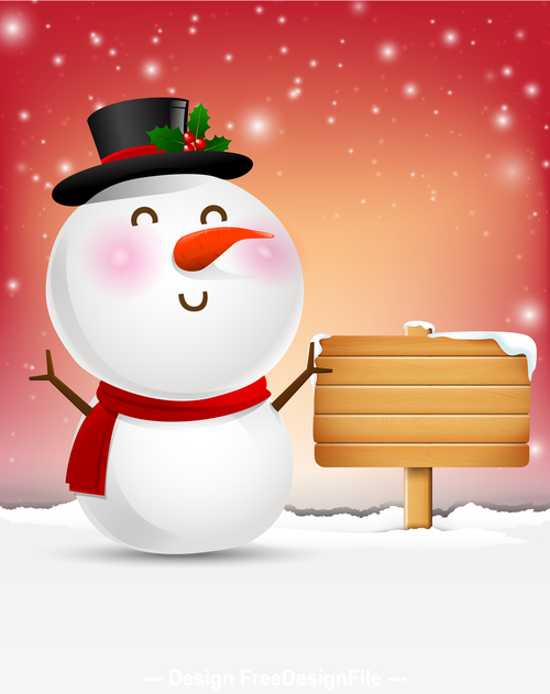 Snowman cartoon smile and blank wooden sign vector