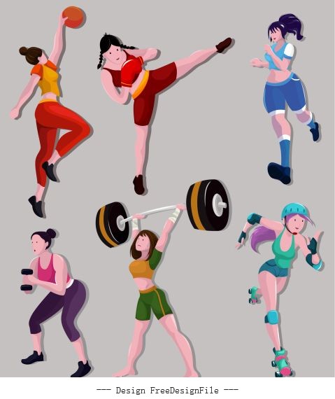 Sports girls icons colored cartoon characters vector