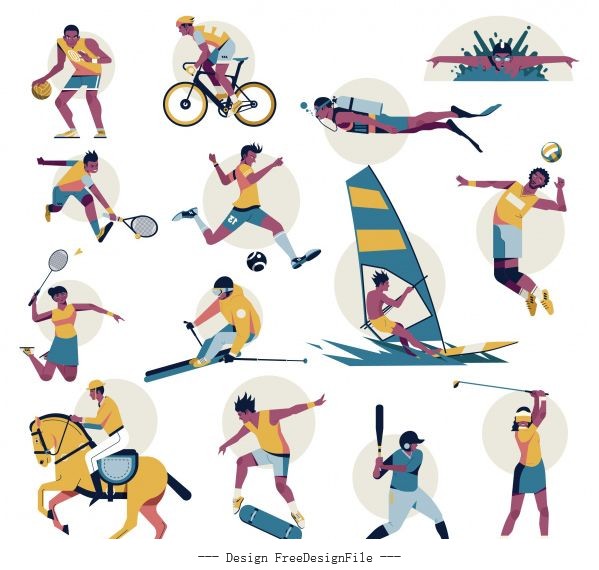Sports icons cartoon characters colorful dynamic vector