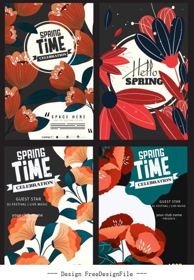 Spring poster templates blossom flora decor colorful vectors