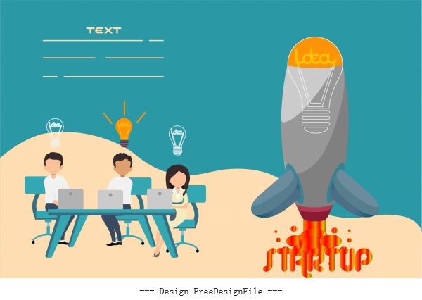 Startup banner working staffs lightbulb spaceship lightbulb vector