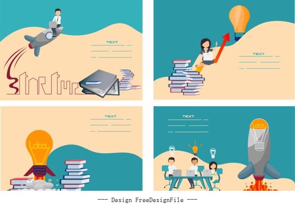 Startup banners lightbulb spaceship book stacks staffs vector