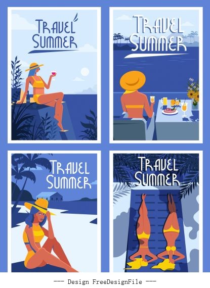 Summer posters templates bikini girl sea scene vector