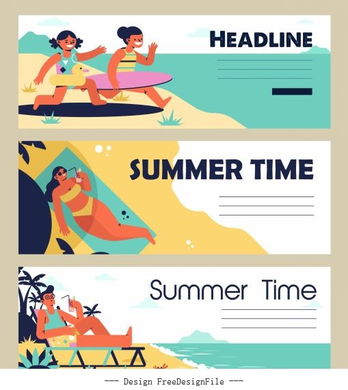 Summer time banners relaxing people colorful vector design