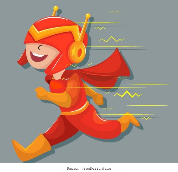 Superhero kid running gesture funny cartoon vector