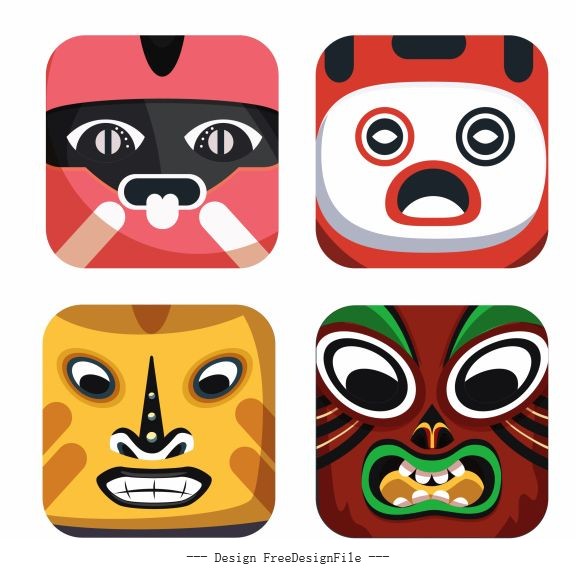 Traditional masks icons colorful emotional vector