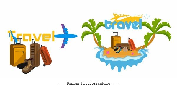 Travel icons airplane luggage island colorful shiny vector