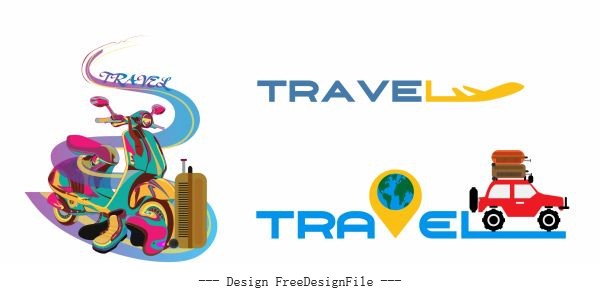 Travel icons colored vehicles texts vector