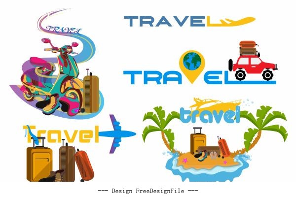 Travel icons vehicles luggages island vector