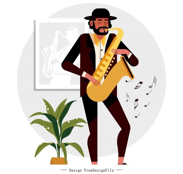 Trumpet player colored cartoon character performing gesture vector